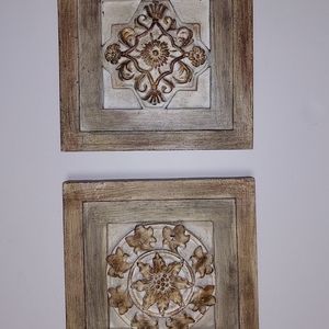 Set of 2 Square Wall Plaques Architecture Wall Art  7 5/8" x 7 5/8" Cream  Brown